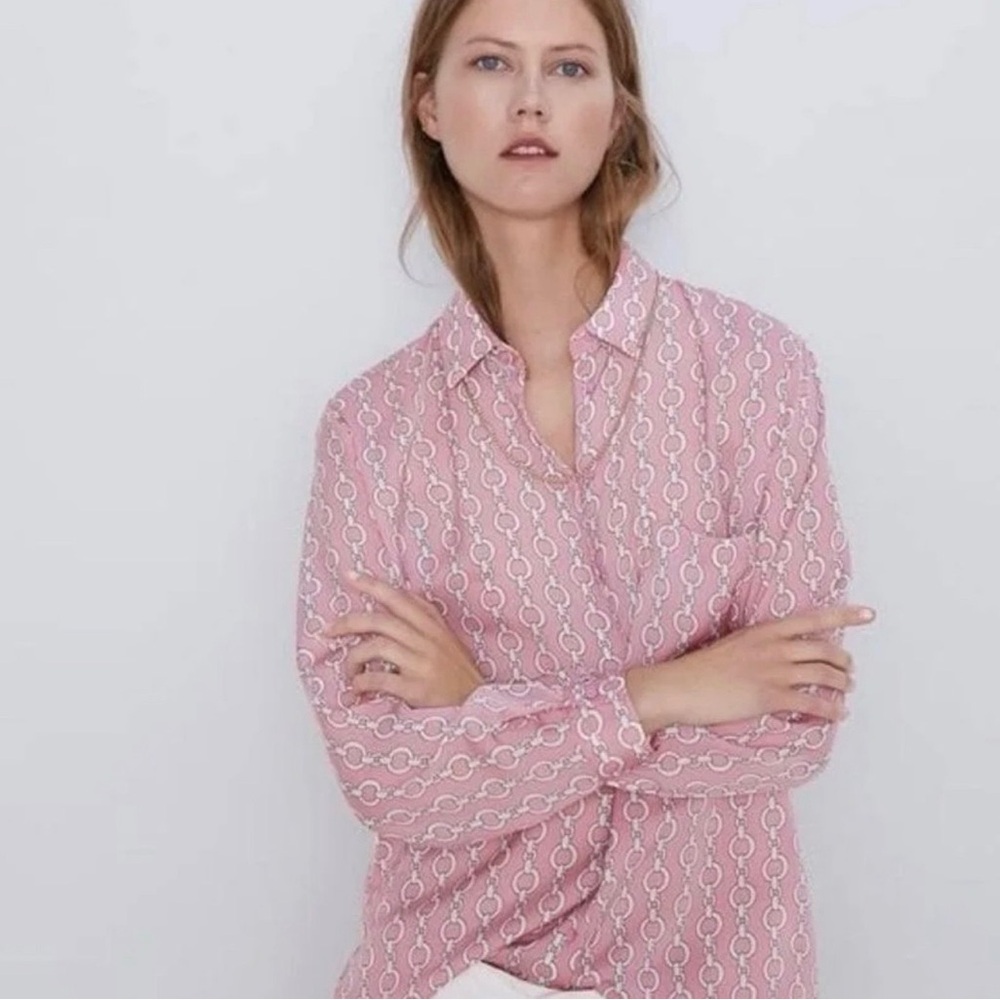 Zara Pink Geometric Button Down Shirt